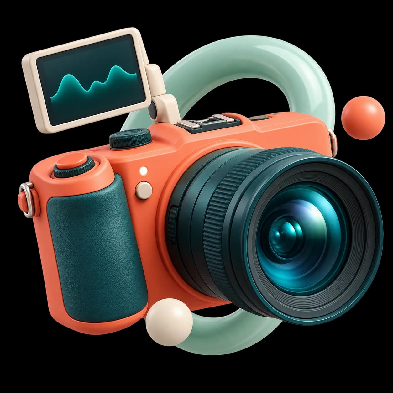 Coral cinema camera with a reflective teal lens and a mint sculptural loop